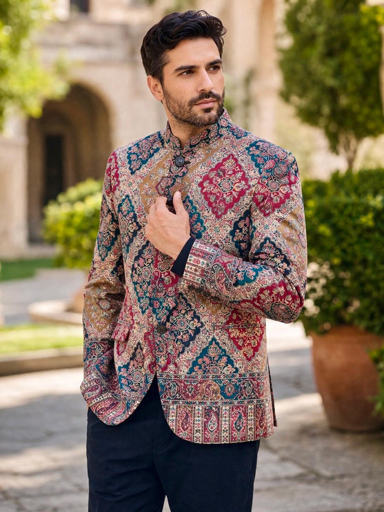 Mens Kani Jamawar Jamdani Jacket, Woven Paisley, Mandarin Collar