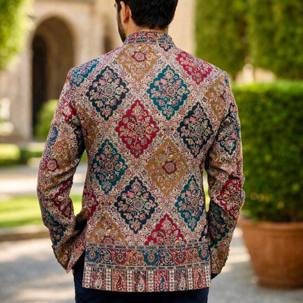 Mens Kani Jamawar Jamdani Jacket, Woven Paisley, Mandarin Collar