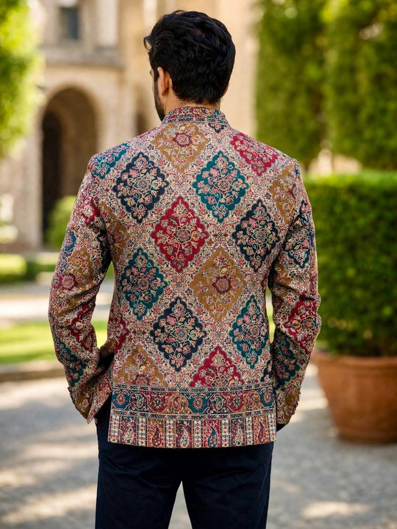 Mens Kani Jamawar Jamdani Jacket, Woven Paisley, Mandarin Collar