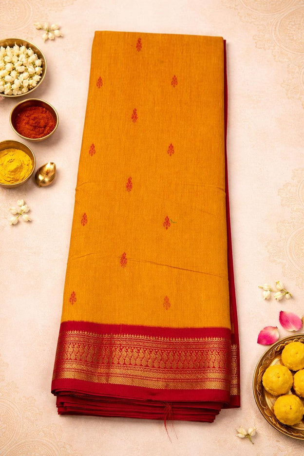 Handloom Cotton Gadhwal Saree | Resham Motifs l Zari Border & Pallu