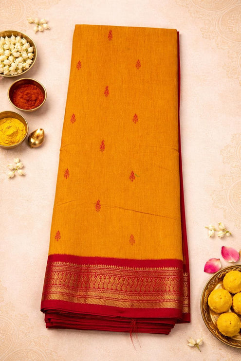 Handloom Cotton Gadhwal Saree | Resham Motifs l Zari Border & Pallu