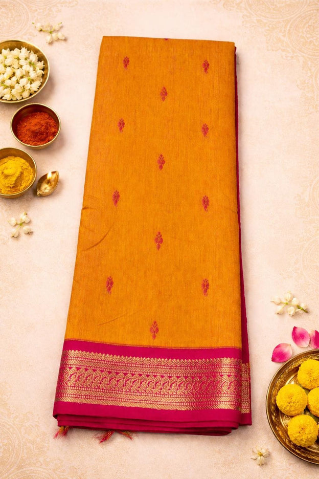 Handloom Cotton Gadhwal Saree | Resham Motifs l Zari Border & Pallu