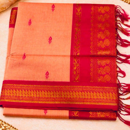 Handloom Cotton Gadhwal Saree | Resham Motifs l Zari Border & Pallu