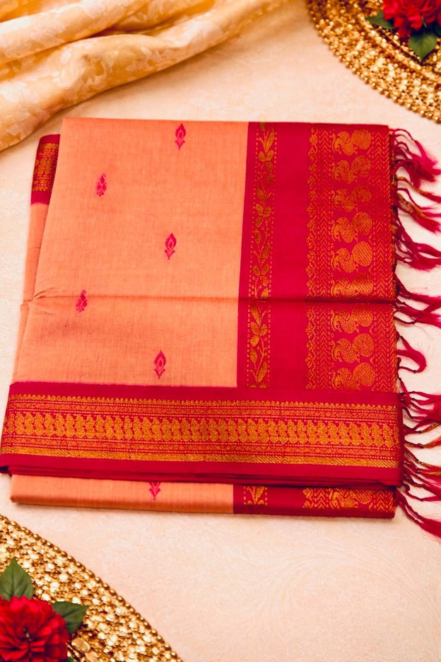 Handloom Cotton Gadhwal Saree | Resham Motifs l Zari Border & Pallu