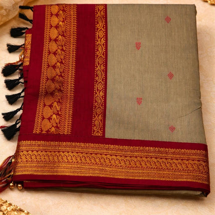Handloom Cotton Gadhwal Saree | Resham Motifs l Zari Border & Pallu