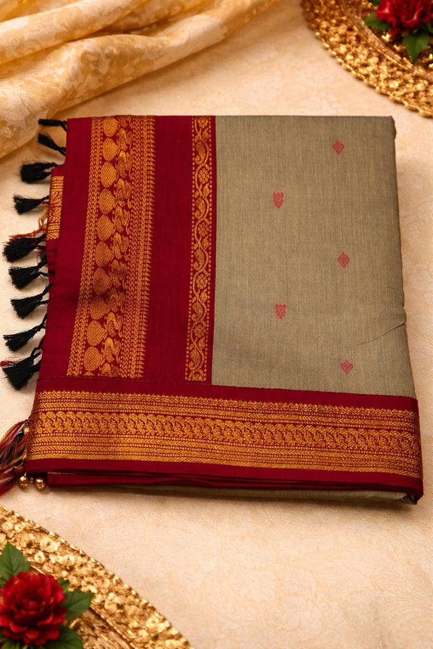 Handloom Cotton Gadhwal Saree | Resham Motifs l Zari Border & Pallu