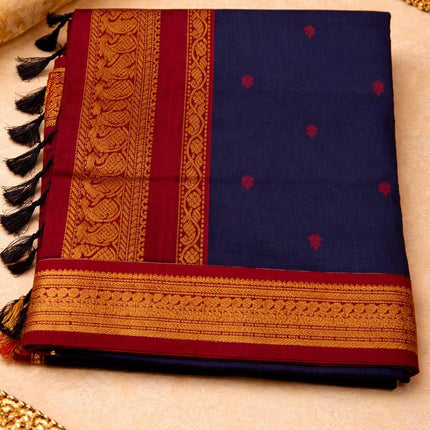 Handloom Cotton Gadhwal Saree | Resham Motifs l Zari Border & Pallu