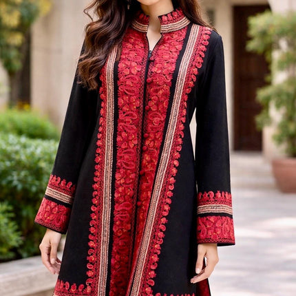 Handmade Pashmina Wool Coat | Sozni Aari Embroidery, Size 46