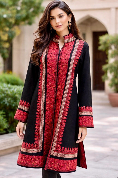 Handmade Pashmina Wool Coat | Sozni Aari Embroidery, Size 46