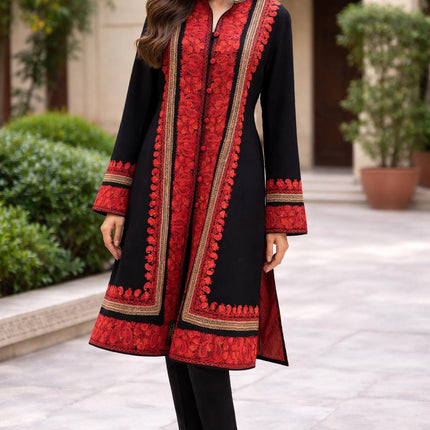 Handmade Pashmina Wool Coat | Sozni Aari Embroidery, Size 46