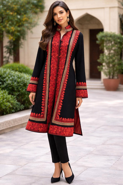 Handmade Pashmina Wool Coat | Sozni Aari Embroidery, Size 46