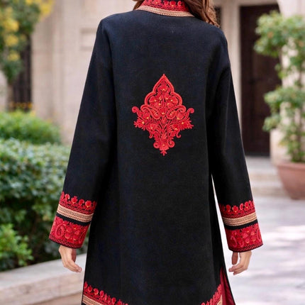 Handmade Pashmina Wool Coat | Sozni Aari Embroidery, Size 46