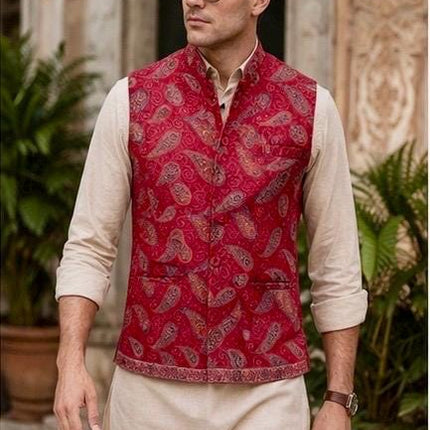 Kani Jamawar MENS WOVEN PAISLEY waistcoats, structured fit, Red color | Statement fashion wear| Size