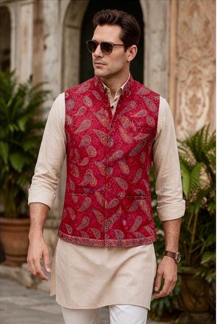 Kani Jamawar MENS WOVEN PAISLEY waistcoats, structured fit, Red color | Statement fashion wear| Size