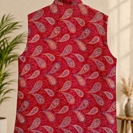 Kani Jamawar MENS WOVEN PAISLEY waistcoats, structured fit, Red color | Statement fashion wear| Size