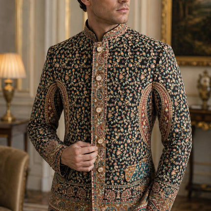 Mens Kani kalamkari Jamawar Jodhpuri style Jacket, Woven Paisley