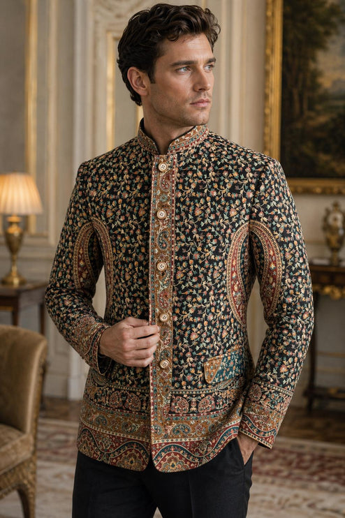 Mens Kani kalamkari Jamawar Jodhpuri style Jacket, Woven Paisley