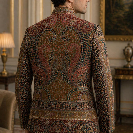 Mens Kani kalamkari Jamawar Jodhpuri style Jacket, Woven Paisley