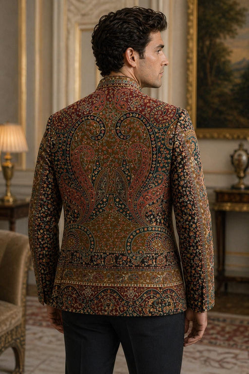 Mens Kani kalamkari Jamawar Jodhpuri style Jacket, Woven Paisley