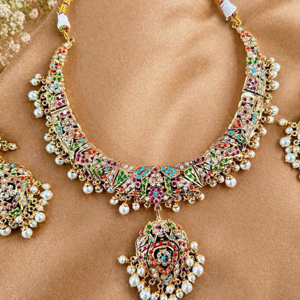 Navratan Jadau Necklace Set | Handmade light Gold Finish, Wedding Jewelry