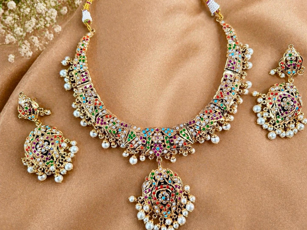 Navratan Jadau Necklace Set | Handmade light Gold Finish, Wedding Jewelry