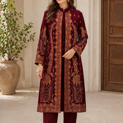 3 piece Kashmiri Woolen Set | Kashmiri Sozni Embroidered Jacket, Kurti, Pants (Size 40-42 Stretchable)