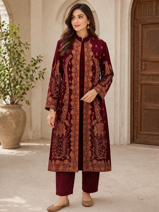 3 piece Kashmiri Woolen Set | Kashmiri Sozni Embroidered Jacket, Kurti, Pants (Size 40-42 Stretchable)
