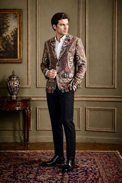 Mens Kani Jamawar blazer style Jacket, Woven Paisley