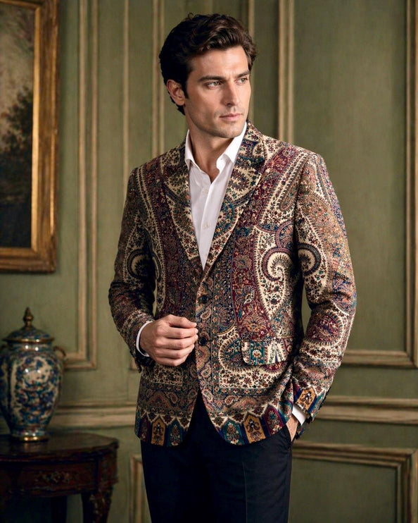Mens Kani Jamawar blazer style Jacket, Woven Paisley