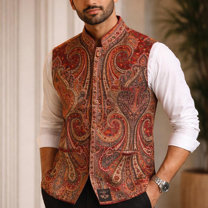 Men's Kani Pashmina Paisley Woven Waistcoat, Red Paisley Embroidery Statement Fashion Wear