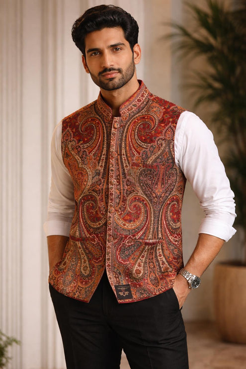 Men's Kani Pashmina Paisley Woven Waistcoat, Red Paisley Embroidery Statement Fashion Wear
