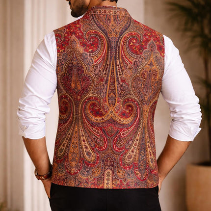 Men's Kani Pashmina Paisley Woven Waistcoat, Red Paisley Embroidery Statement Fashion Wear