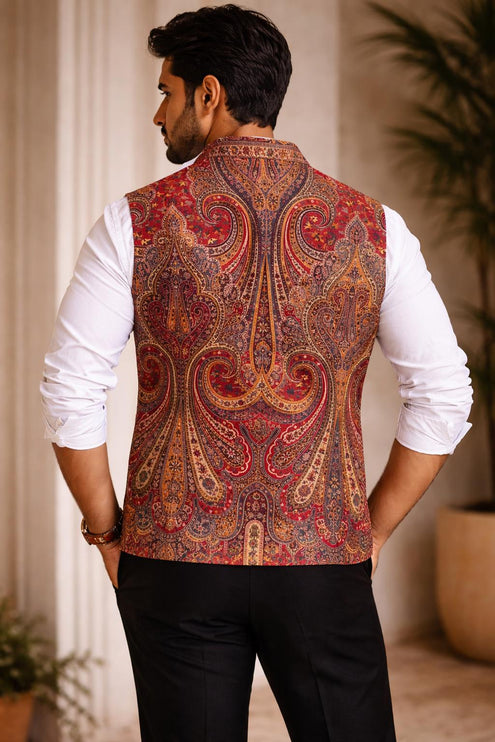 Men's Kani Pashmina Paisley Woven Waistcoat, Red Paisley Embroidery Statement Fashion Wear