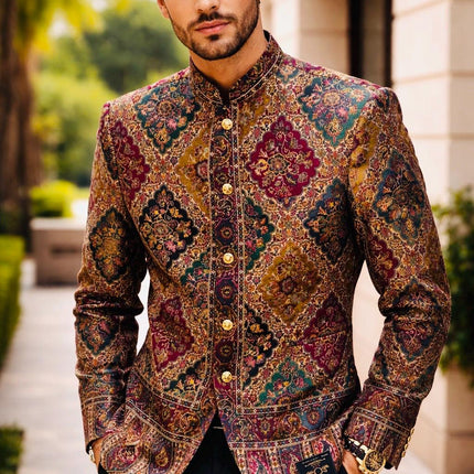 Mens Kani Jamawar Jamdani Jacket, Woven Paisley, Mandarin Collar