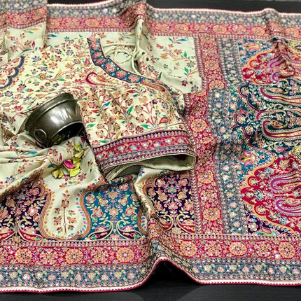Designer premium Malai Silk Saree | Embroidered multi colored Saree