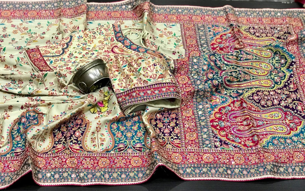 Designer premium Malai Silk Saree | Embroidered multi colored Saree