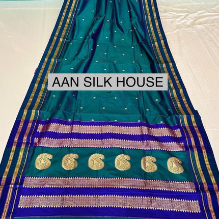 Original Narayan Peth 100% Pure Silk Saree from Yeola, Maharashtra (With Unstitched Blouse Piece) - Green with Blue border