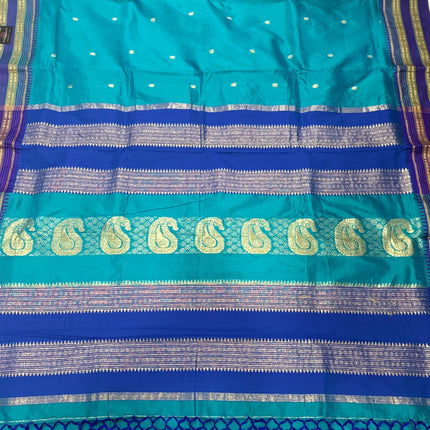 Original Narayan Peth 100% Pure Silk Saree from Yeola, Maharashtra (With Unstitched Blouse Piece) - Green with Blue border