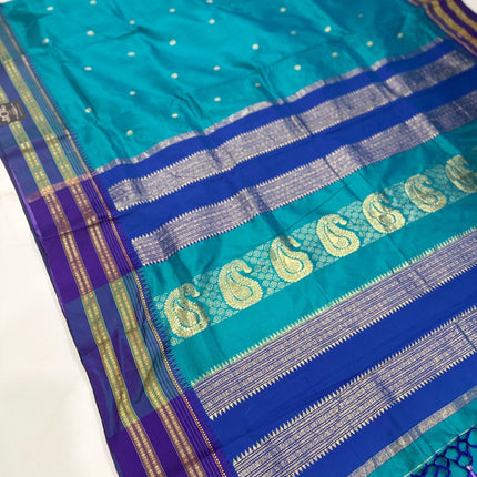 Original Narayan Peth 100% Pure Silk Saree from Yeola, Maharashtra (With Unstitched Blouse Piece) - Green with Blue border