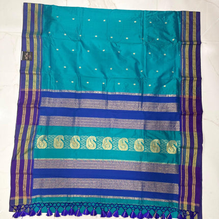 Original Narayan Peth 100% Pure Silk Saree from Yeola, Maharashtra (With Unstitched Blouse Piece) - Green with Blue border