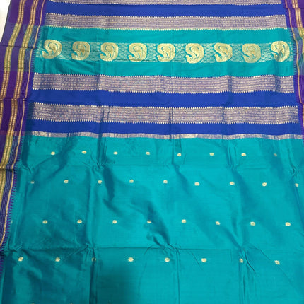 Original Narayan Peth 100% Pure Silk Saree from Yeola, Maharashtra (With Unstitched Blouse Piece) - Green with Blue border