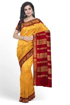 Handloom Cotton Gadhwal Saree | Resham Motifs l Zari Border & Pallu