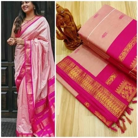 Handloom Cotton Gadhwal Saree | Resham Motifs l Zari Border & Pallu