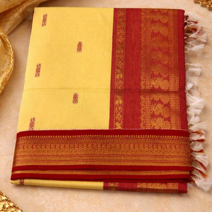 Handloom Cotton Gadhwal Saree | Resham Motifs l Zari Border & Pallu