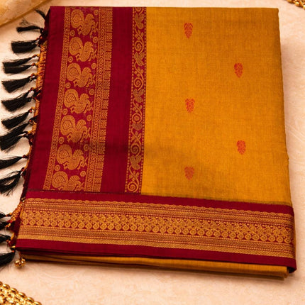 Handloom Cotton Gadhwal Saree | Resham Motifs l Zari Border & Pallu