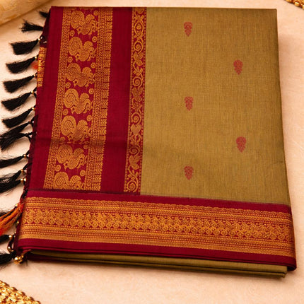 Handloom Cotton Gadhwal Saree | Resham Motifs l Zari Border & Pallu