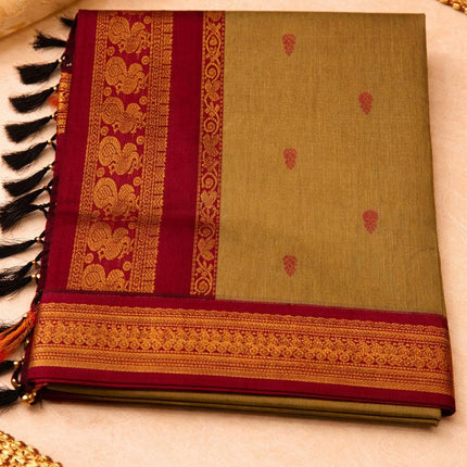 Handloom Cotton Gadhwal Saree | Resham Motifs l Zari Border & Pallu