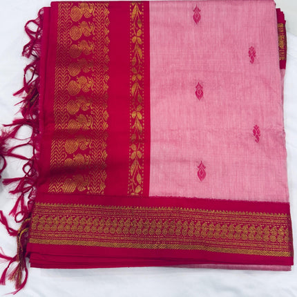 Handloom Cotton Gadhwal Saree | Resham Motifs l Zari Border & Pallu