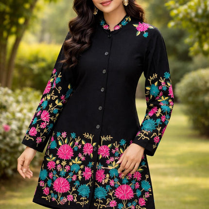Hand made| Papier Macie(paper mache) Pashmina Jacket | Kashmir Designer Artwear | Black  Size 42