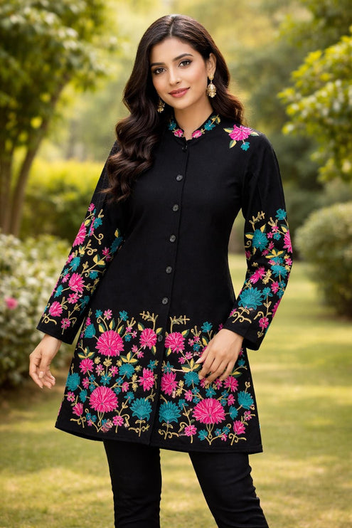Hand made| Papier Macie(paper mache) Pashmina Jacket | Kashmir Designer Artwear | Black  Size 42